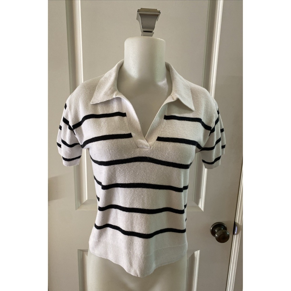 J.CREW White Black Striped Linen Blend V-Neck Short Sleeve Pullover Sweater XS